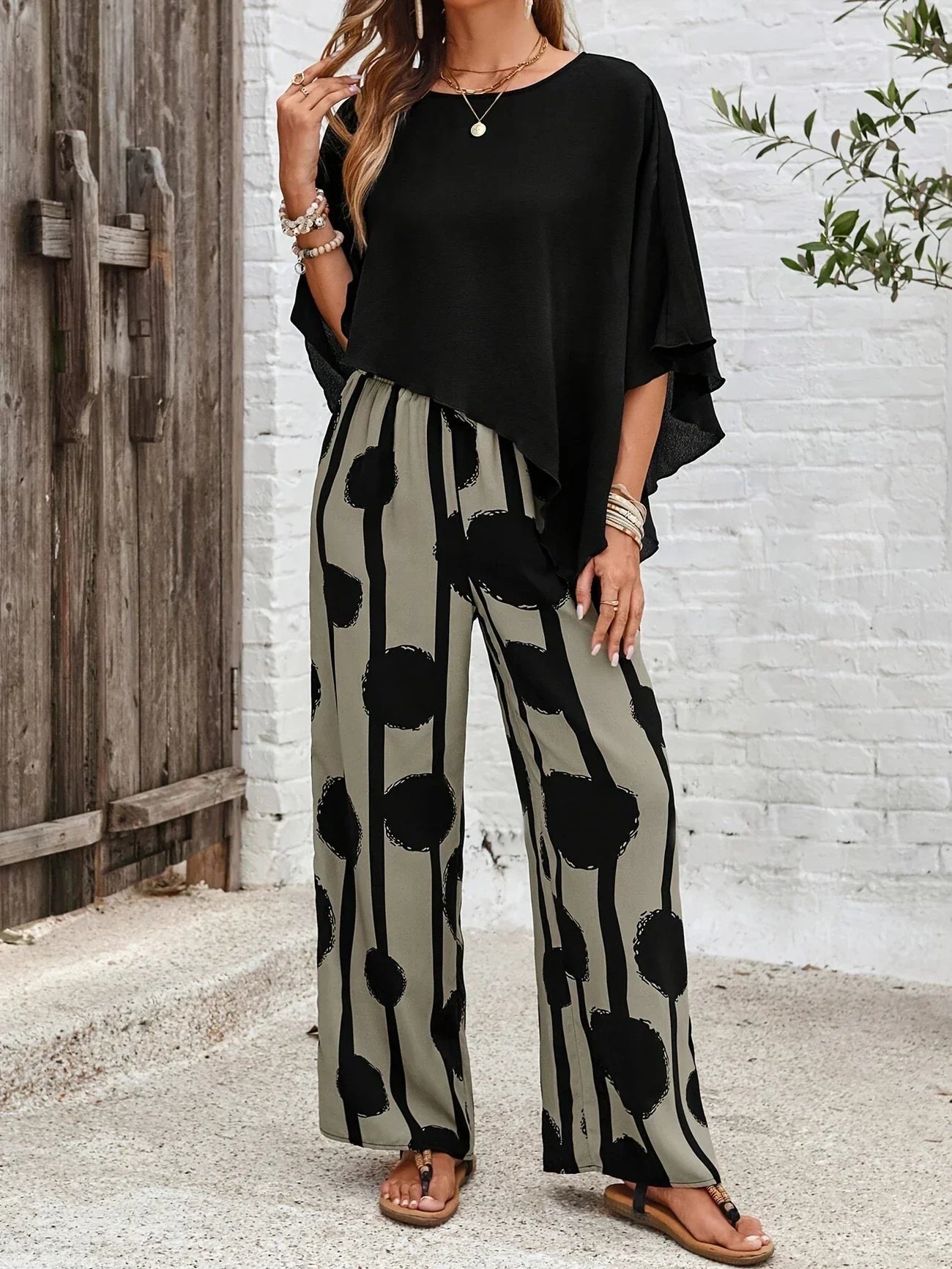 Asymmetric Top and Printed Pants Set | Lightweight Fabric | Casual Loungewear for Women | Comfortable Outfit