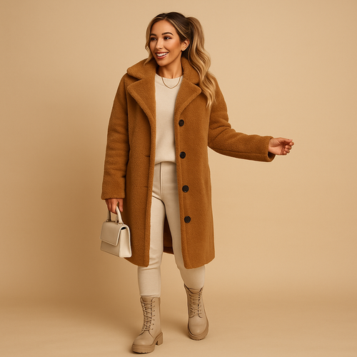 Beige Teddy Coat for Women - Oversized Long Winter Jacket with Pockets - Casual Outerwear for Cold Weather