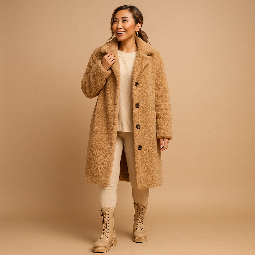 Beige Oversized Teddy Coat for Women - Long Casual Winter Jacket with Pockets