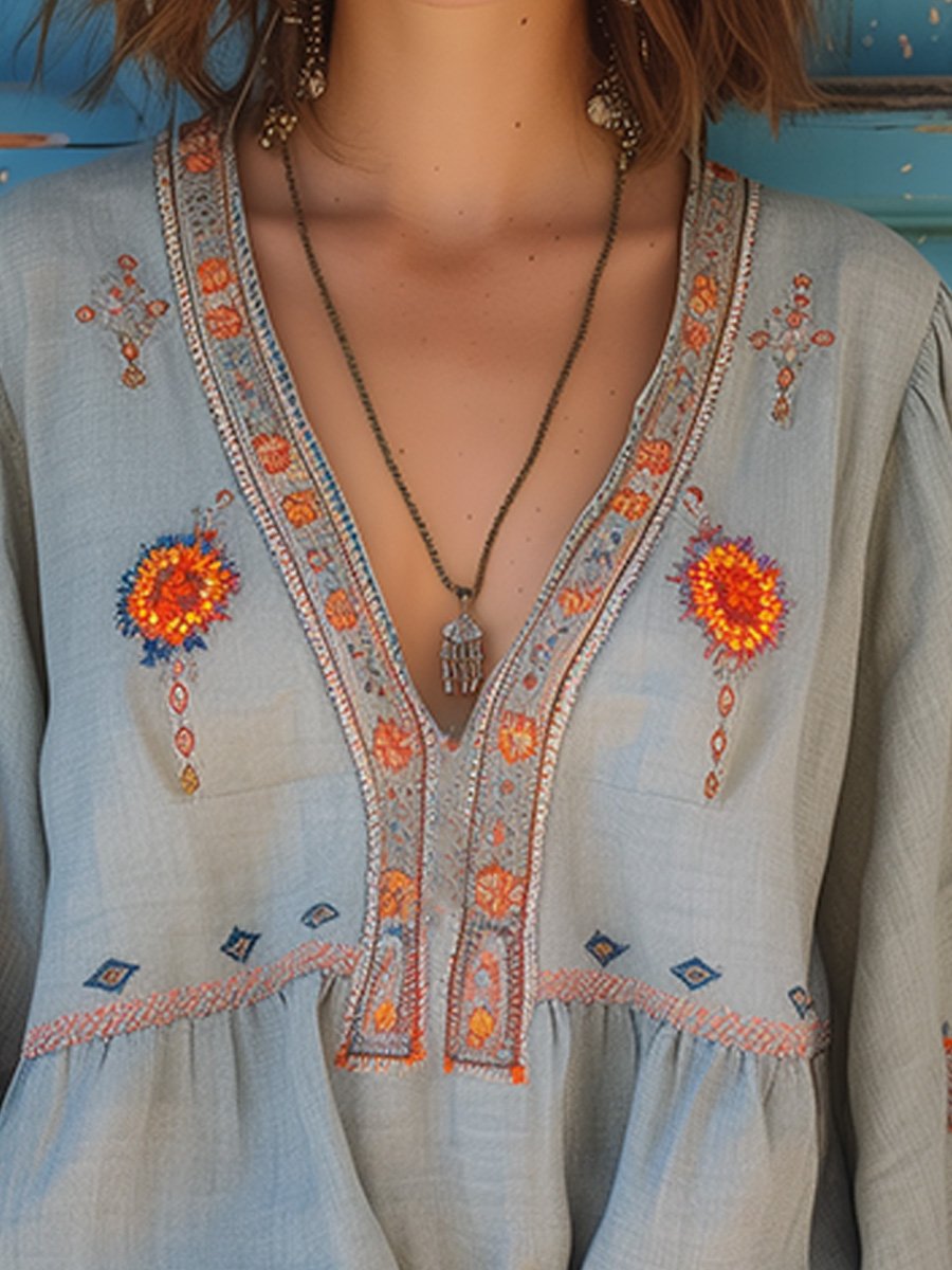 Bohemian Floral Embroidered Blouse | Lightweight Summer Top | Casual Women's Wear