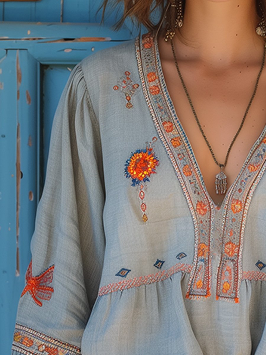 Bohemian Floral Embroidered Blouse | Lightweight Summer Top | Casual Women's Wear