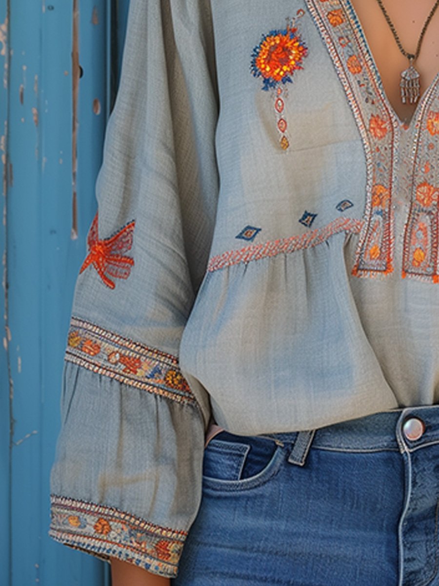 Bohemian Floral Embroidered Blouse | Lightweight Summer Top | Casual Women's Wear