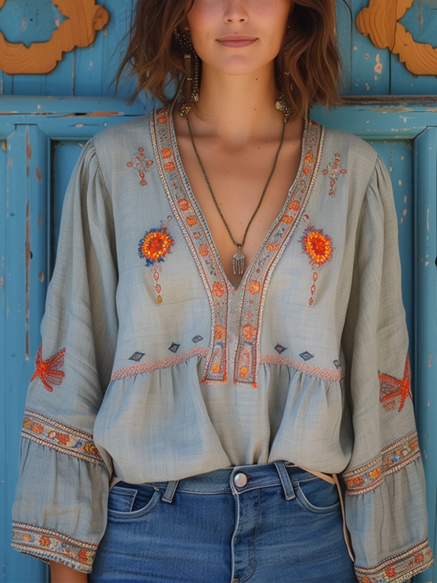 Bohemian Floral Embroidered Blouse | Lightweight Summer Top | Casual Women's Wear