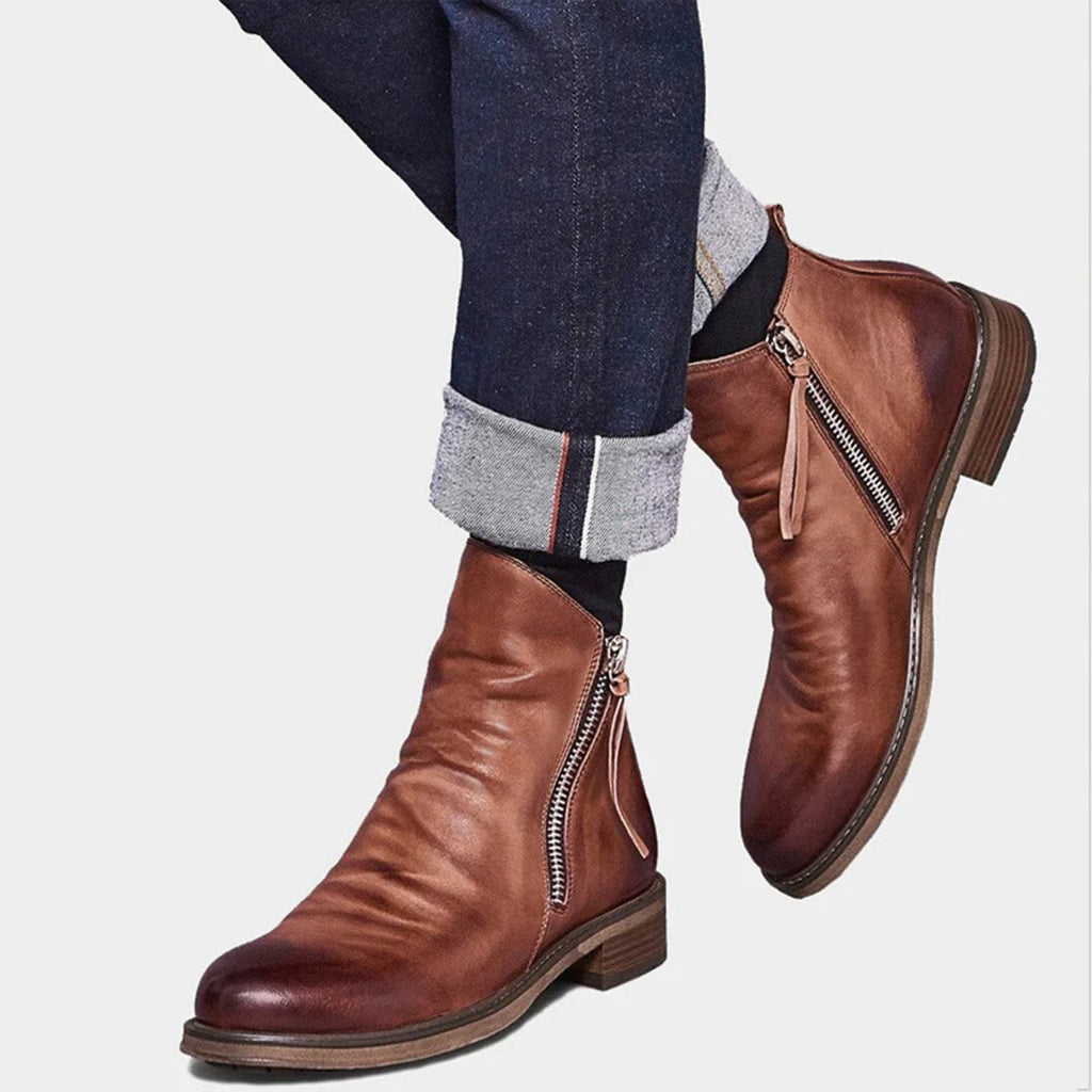 Brown Leather Zip Boots for Men | Casual Everyday Footwear | Comfortable and Stylish Design