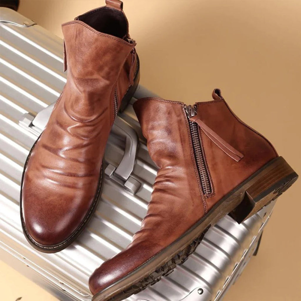 Brown Leather Zip Boots for Men | Casual Everyday Footwear | Comfortable and Stylish Design