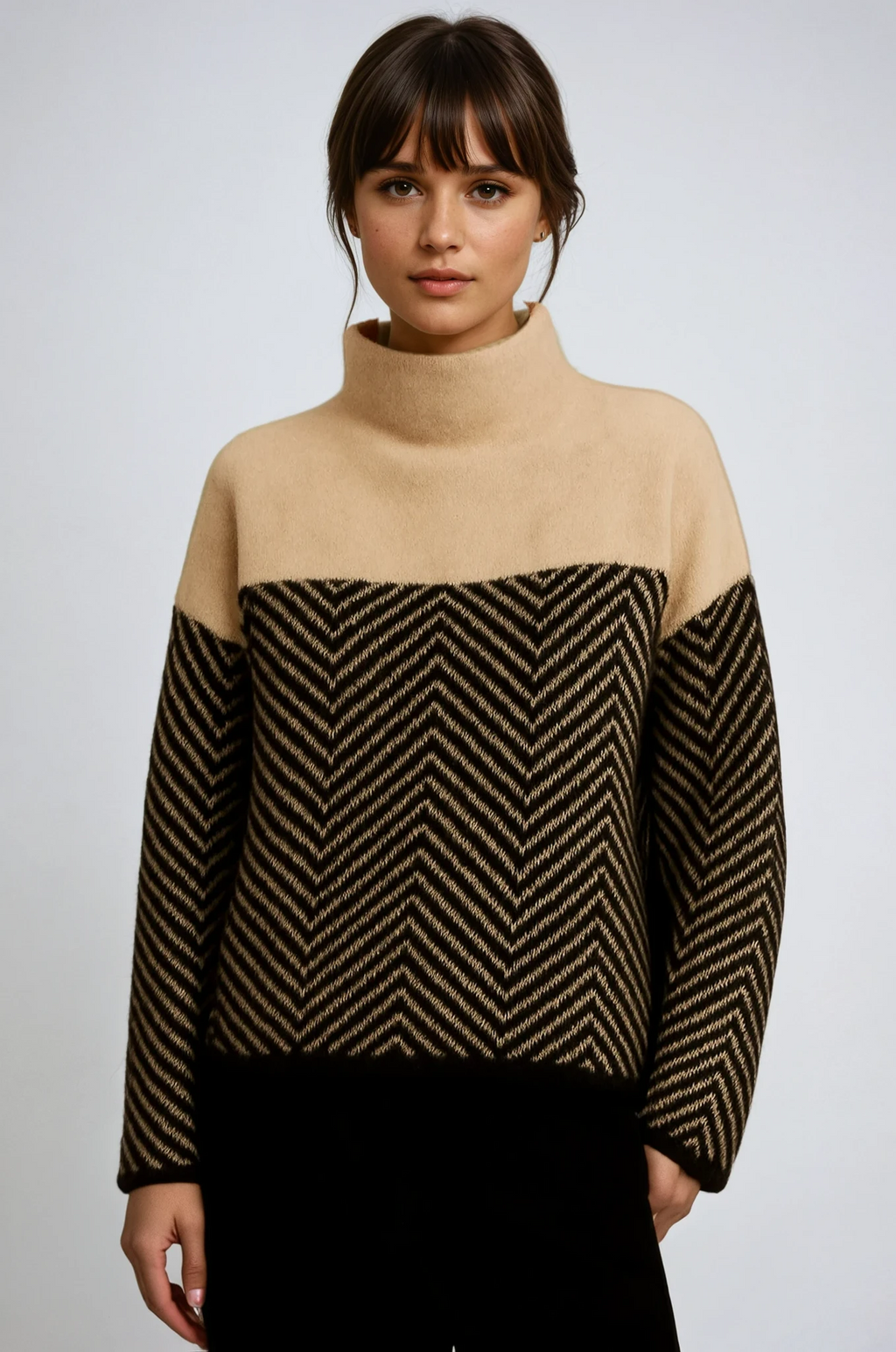 Chevron Turtleneck Sweater in Soft Knit Fabric for Women - Cozy Casual Fall and Winter Wear