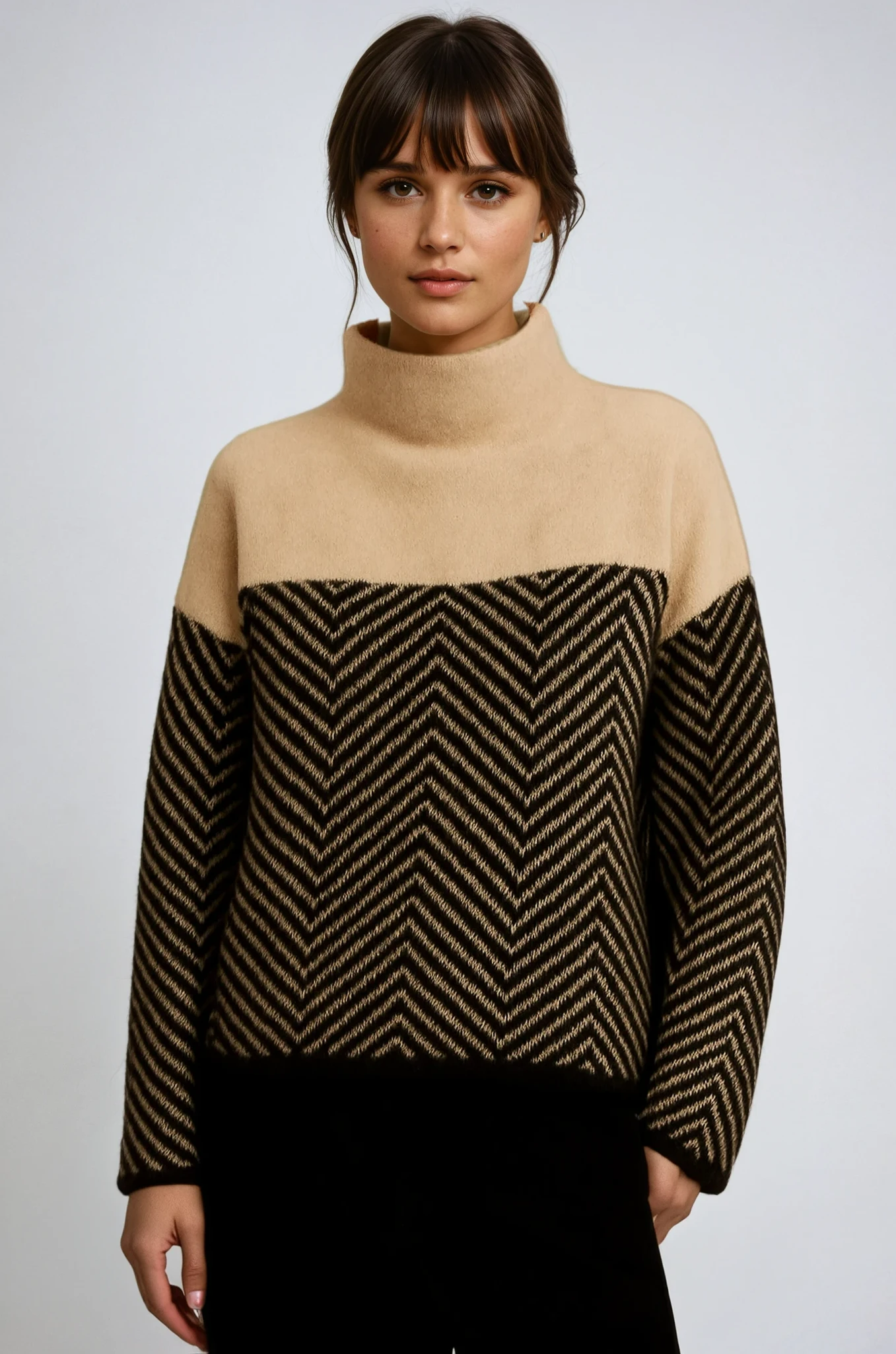 Chevron Turtleneck Sweater in Soft Knit Fabric for Women - Cozy Casual Fall and Winter Wear