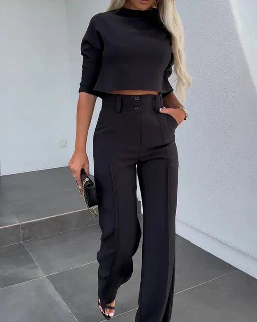 Cropped Top and Wide-Leg Pants Set for Women | Comfortable Casual Outfit | Soft Fabric for Everyday Wear