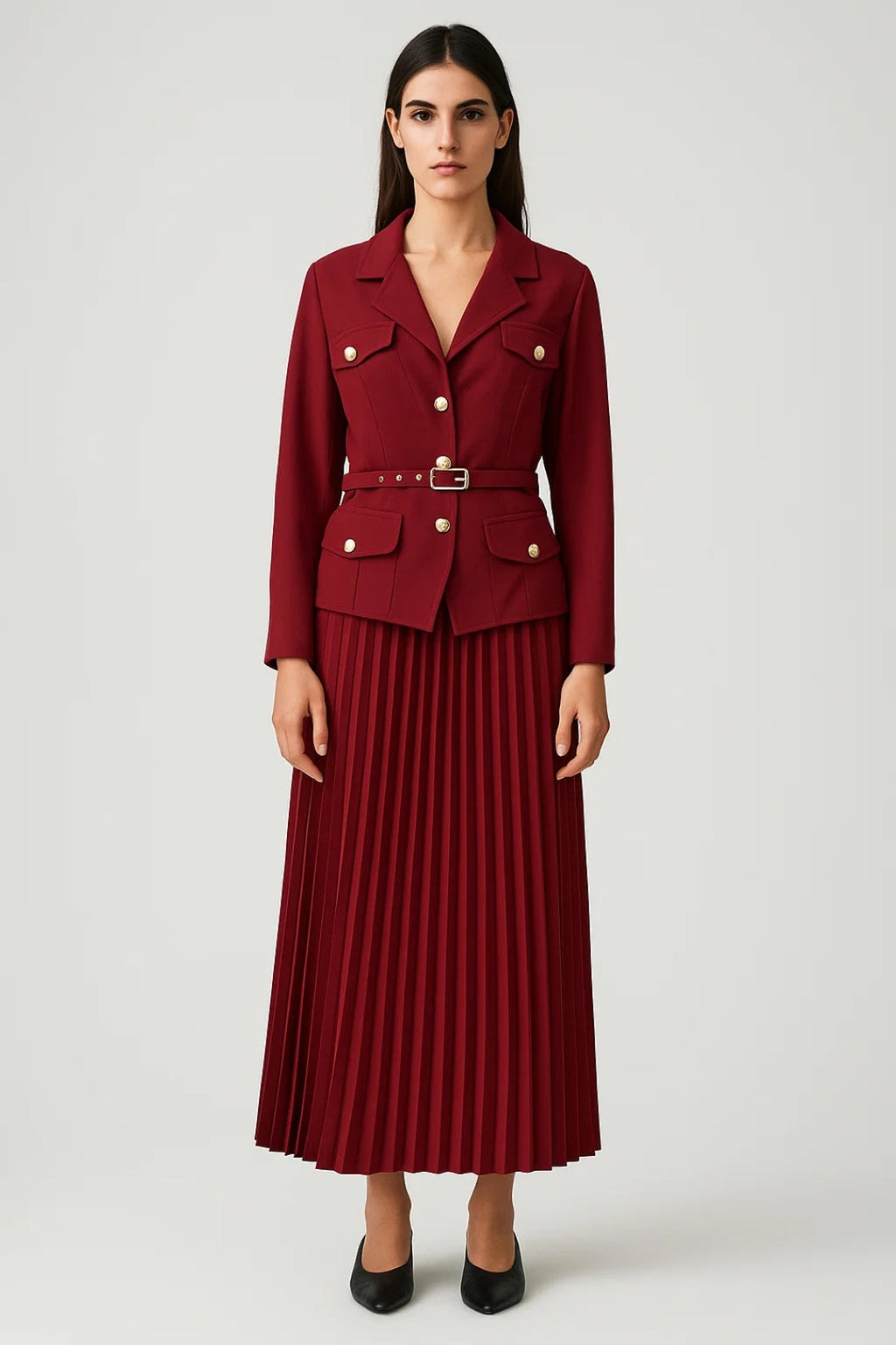 Double-Breasted Blazer and Pleated Skirt Set - Women's Office Wear in Classic Design for Professional Attire