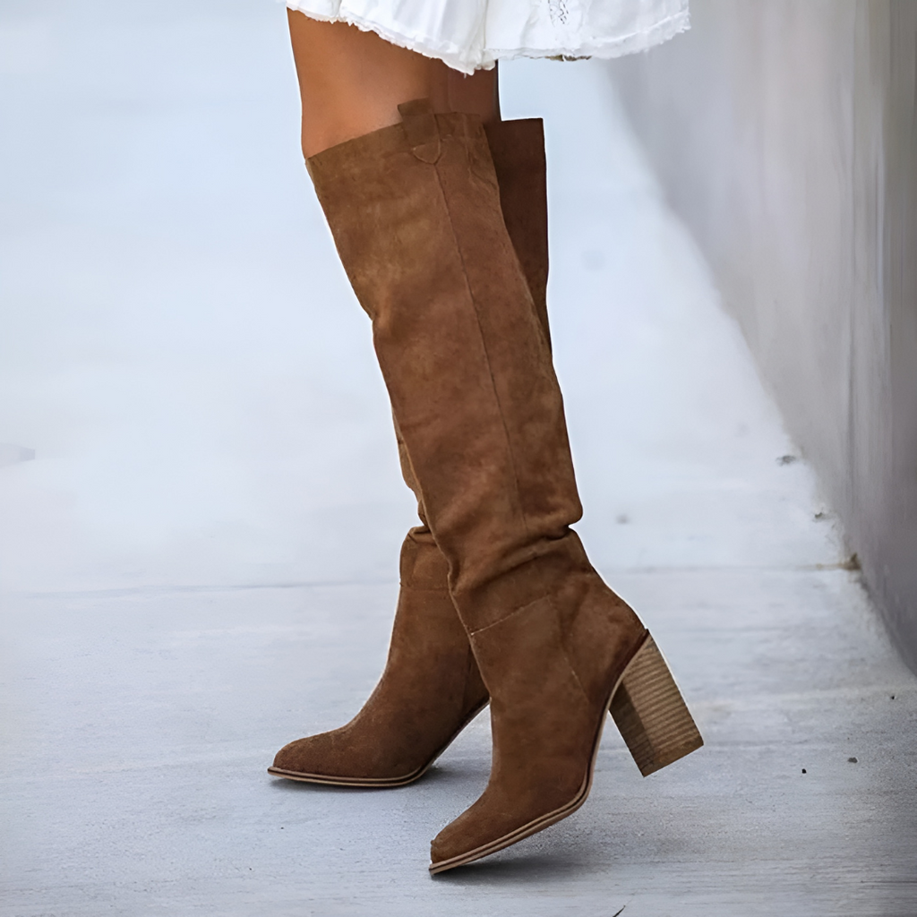 Block Heel Long Boots for Women - Faux Leather - Elegant Design for Casual or Dressy Occasions