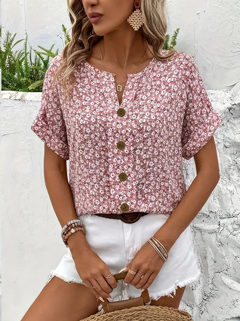 Floral Cotton Summer Blouse | Lightweight Button Front Top for Women | Casual Everyday Wear