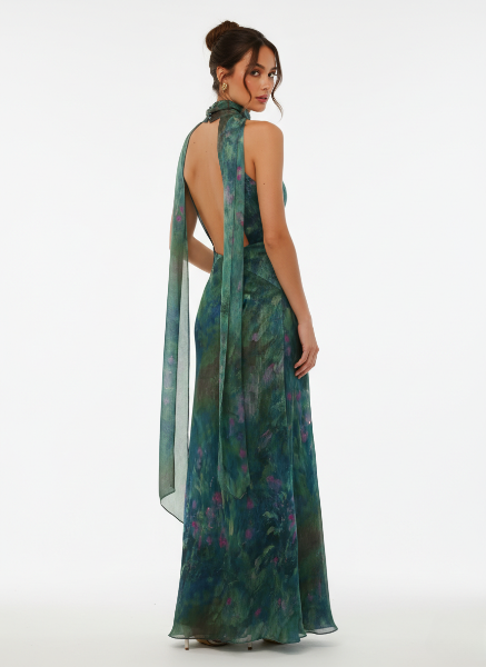 Floral Print Maxi Dress in Soft Fabric - Monet-Inspired Design for Summer Parties and Special Occasions