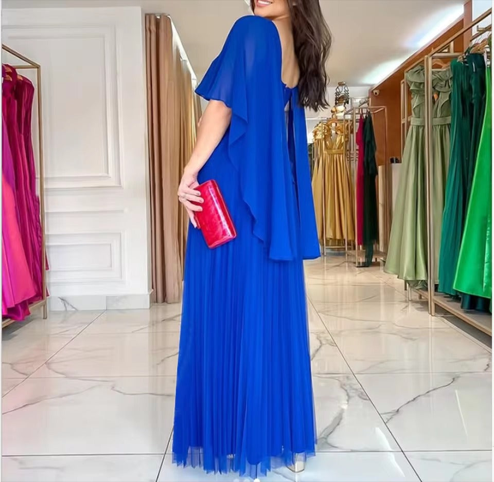 Pleated Cape Evening Dress for Women - Elegant Formal Wear for Special Occasions - Flowing Design, Perfect for Events