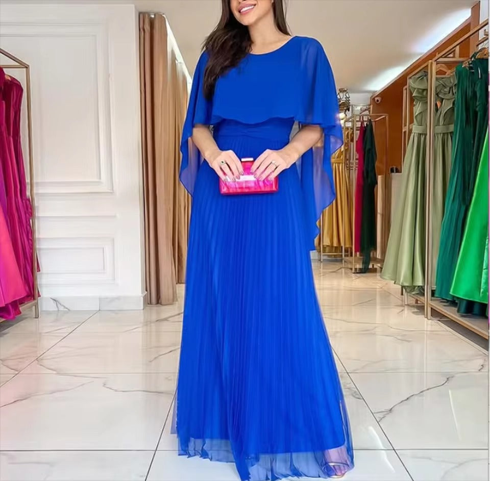 Pleated Cape Evening Dress for Women - Elegant Formal Wear for Special Occasions - Flowing Design, Perfect for Events