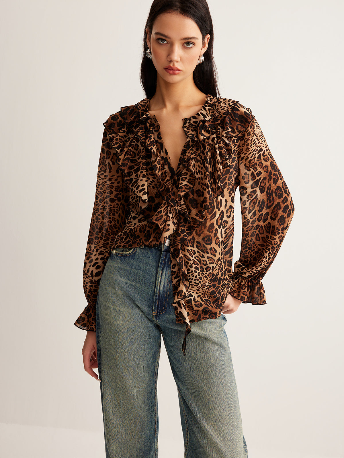 Leopard Print Lightweight Ruffle Neck Blouse for Women | Casual Summer Top | Versatile Everyday Wear