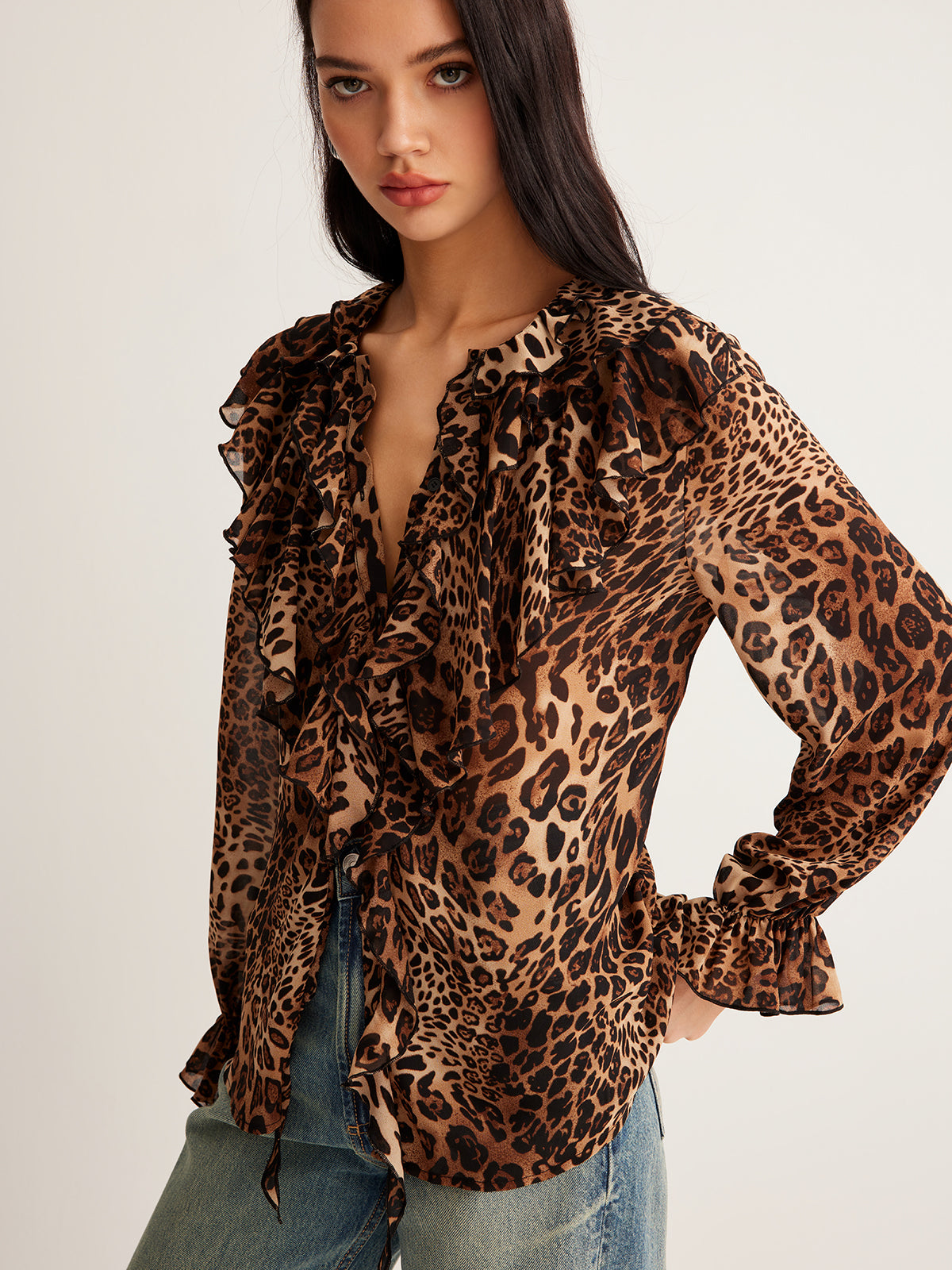 Leopard Print Lightweight Ruffle Neck Blouse for Women | Casual Summer Top | Versatile Everyday Wear