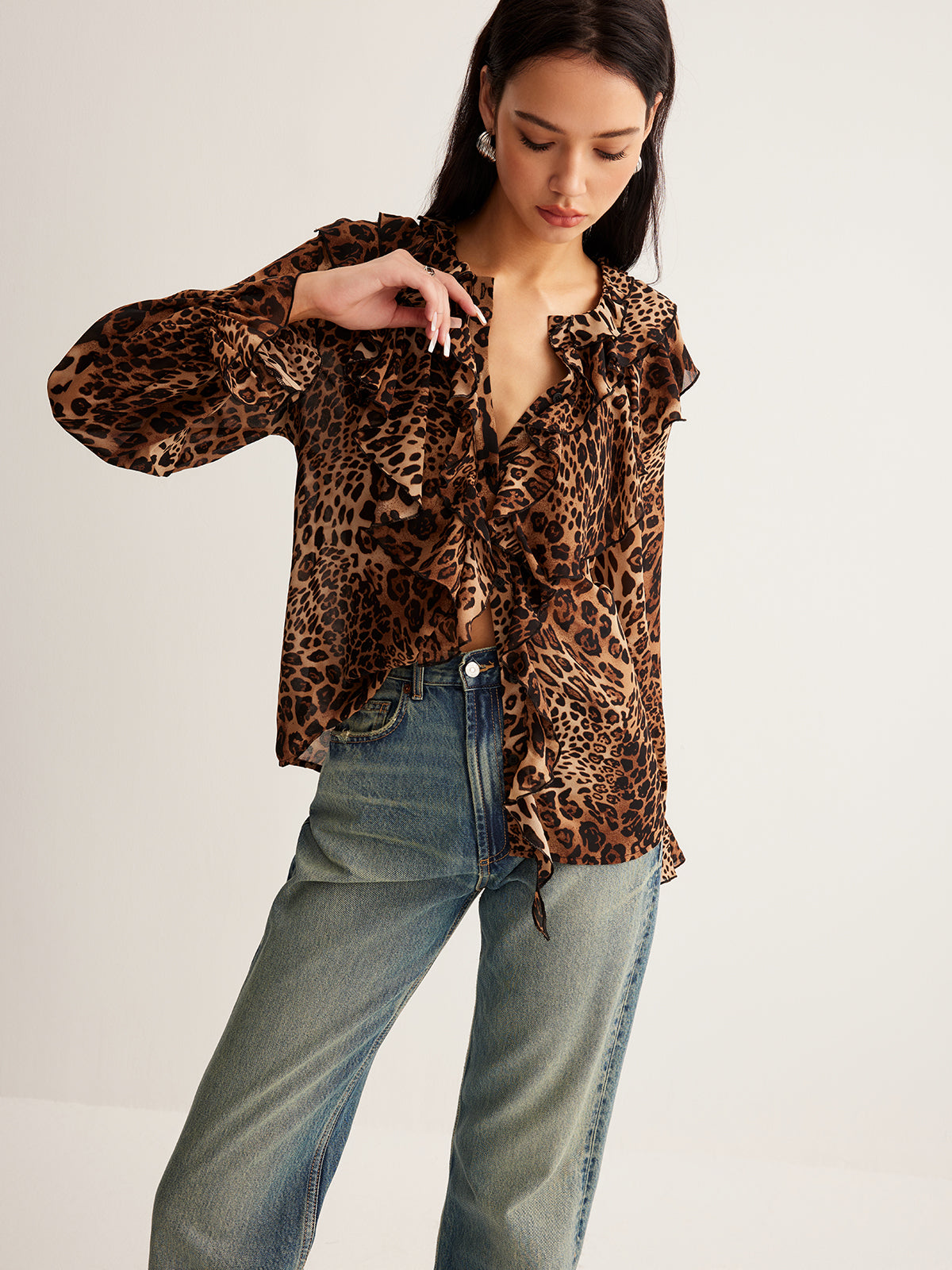 Leopard Print Lightweight Ruffle Neck Blouse for Women | Casual Summer Top | Versatile Everyday Wear