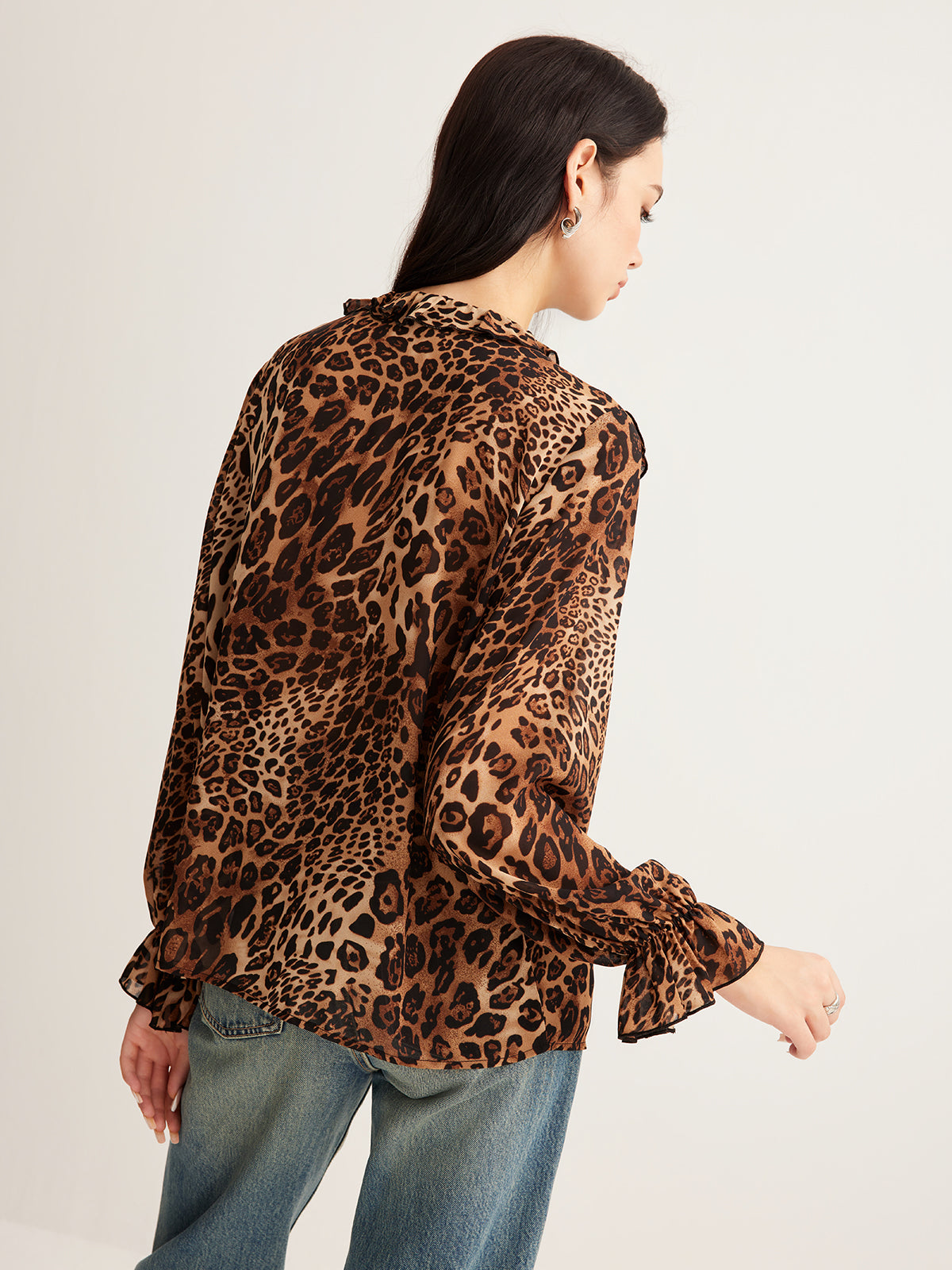 Leopard Print Lightweight Ruffle Neck Blouse for Women | Casual Summer Top | Versatile Everyday Wear