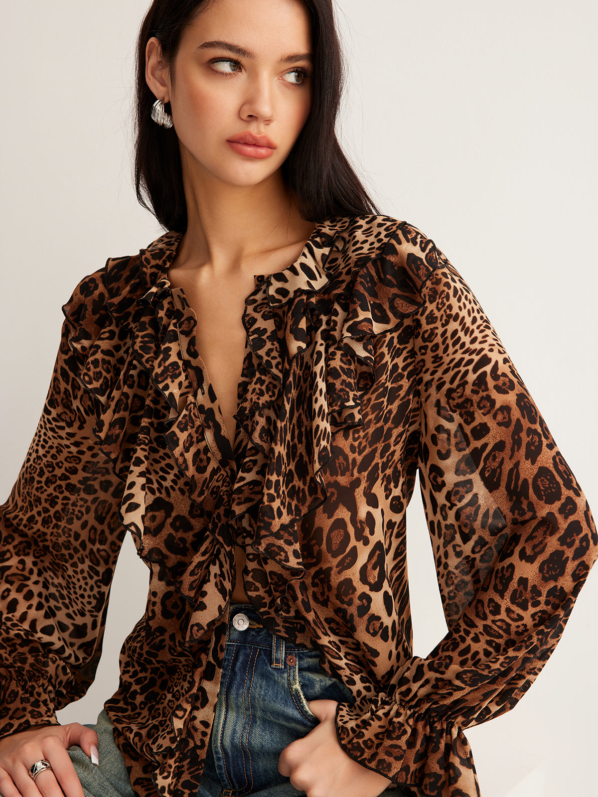 Leopard Print Lightweight Ruffle Neck Blouse for Women | Casual Summer Top | Versatile Everyday Wear