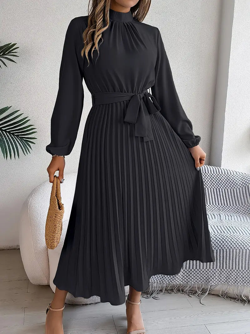 Long Sleeve Pleated Dress in Lightweight Fabric - Elegant Casual Wear for Women