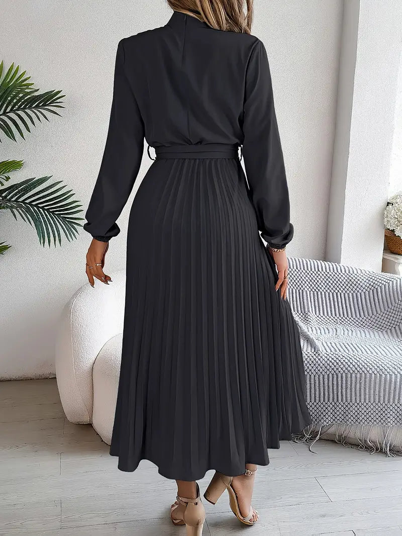 Long Sleeve Pleated Dress in Lightweight Fabric - Elegant Casual Wear for Women
