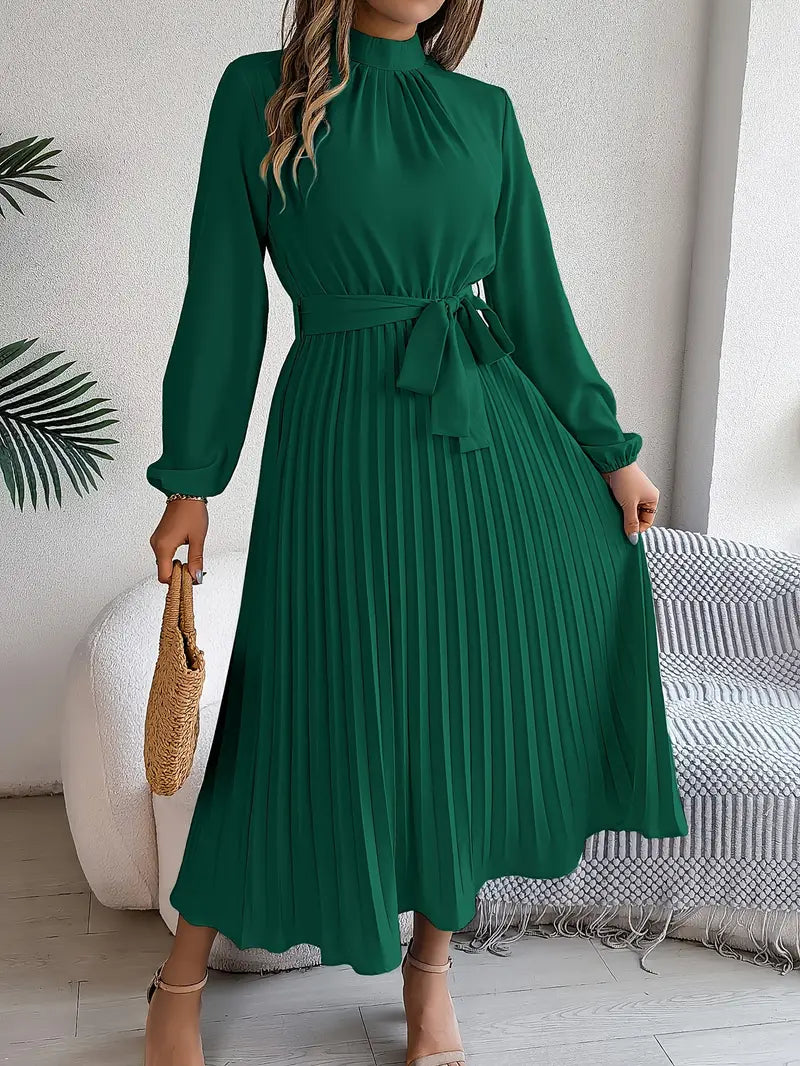 Long Sleeve Pleated Dress in Lightweight Fabric - Elegant Casual Wear for Women