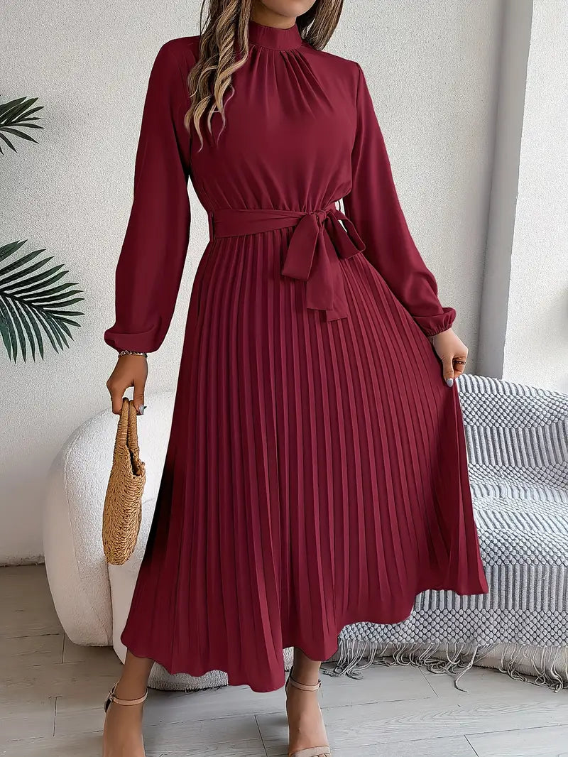 Long Sleeve Pleated Dress in Lightweight Fabric - Elegant Casual Wear for Women
