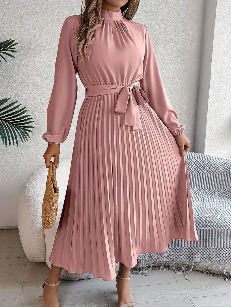 Long Sleeve Pleated Dress in Lightweight Fabric - Elegant Casual Wear for Women