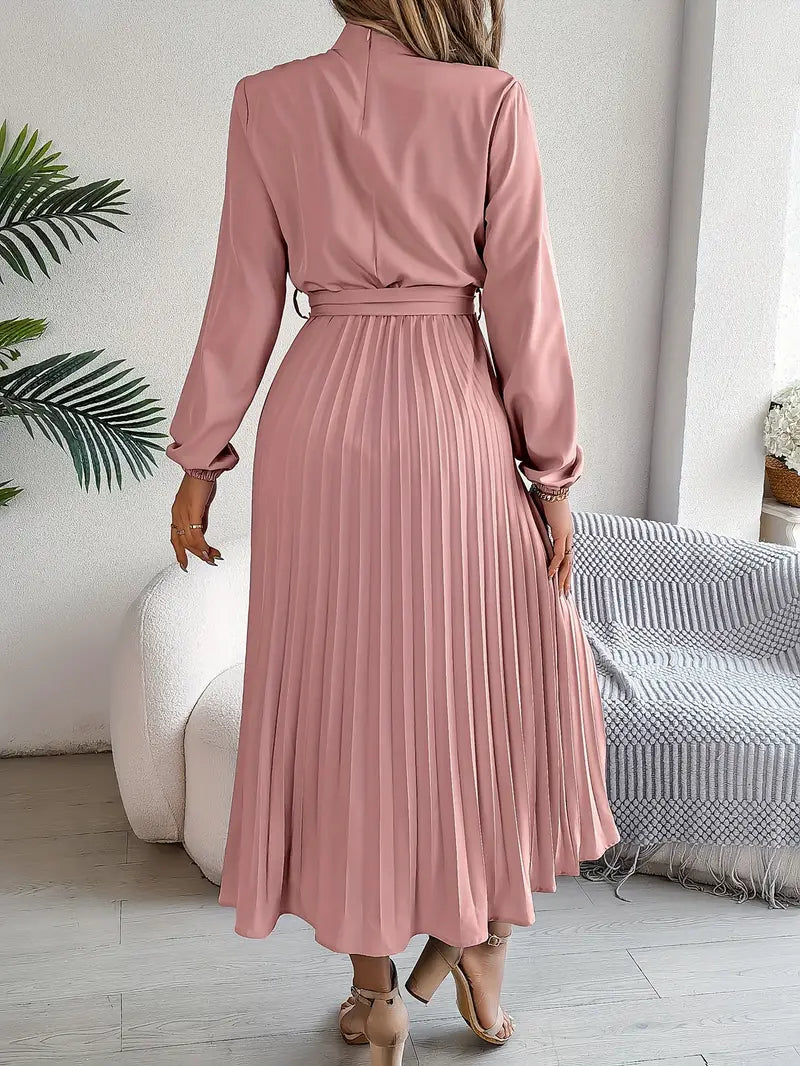 Long Sleeve Pleated Dress in Lightweight Fabric - Elegant Casual Wear for Women
