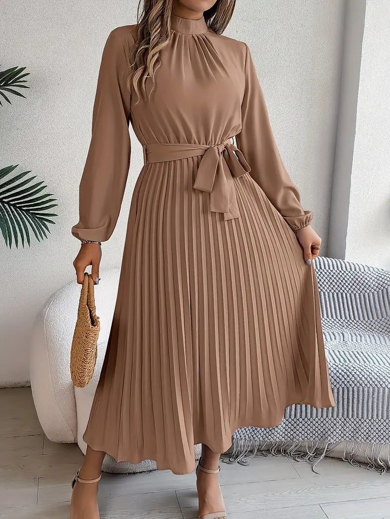 Long Sleeve Pleated Dress in Lightweight Fabric - Elegant Casual Wear for Women