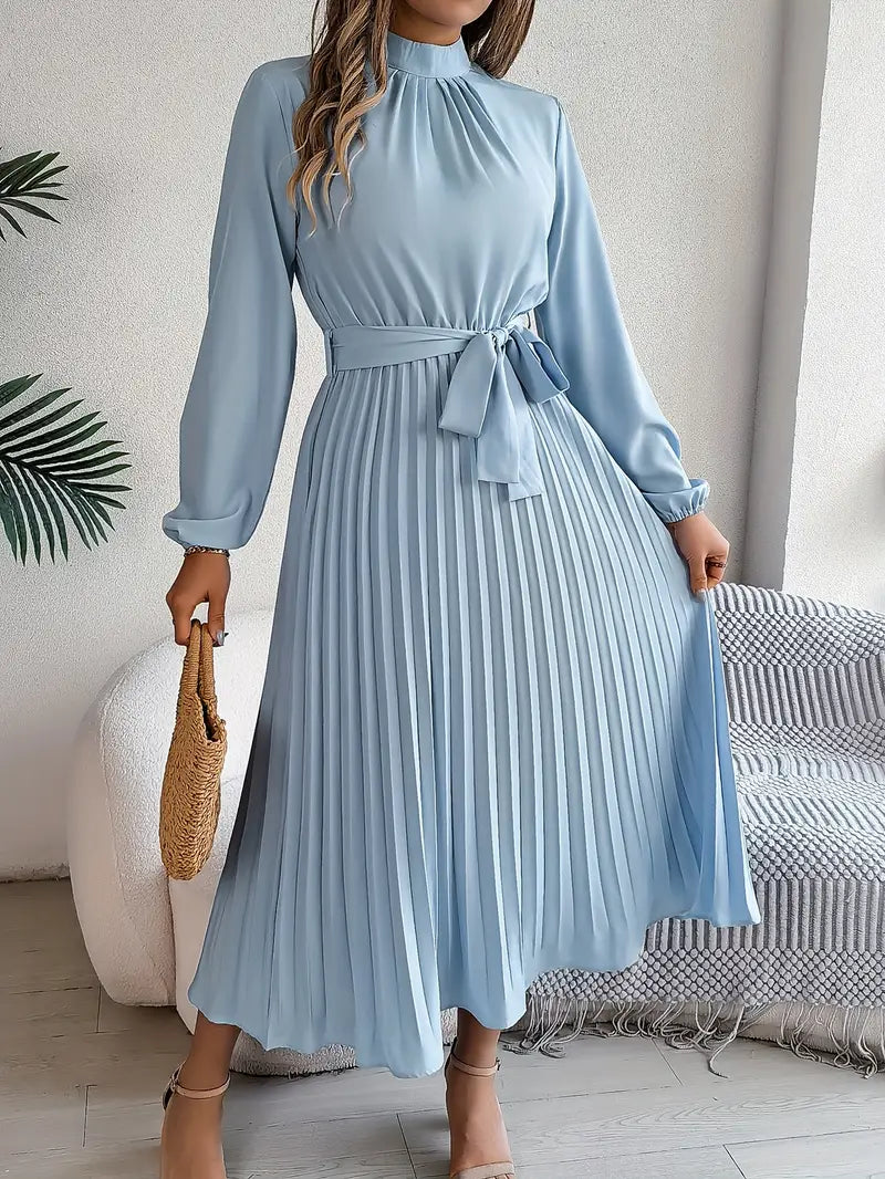 Long Sleeve Pleated Dress in Lightweight Fabric - Elegant Casual Wear for Women