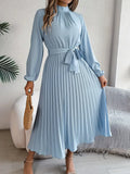 Long Sleeve Pleated Dress in Lightweight Fabric - Elegant Casual Wear for Women