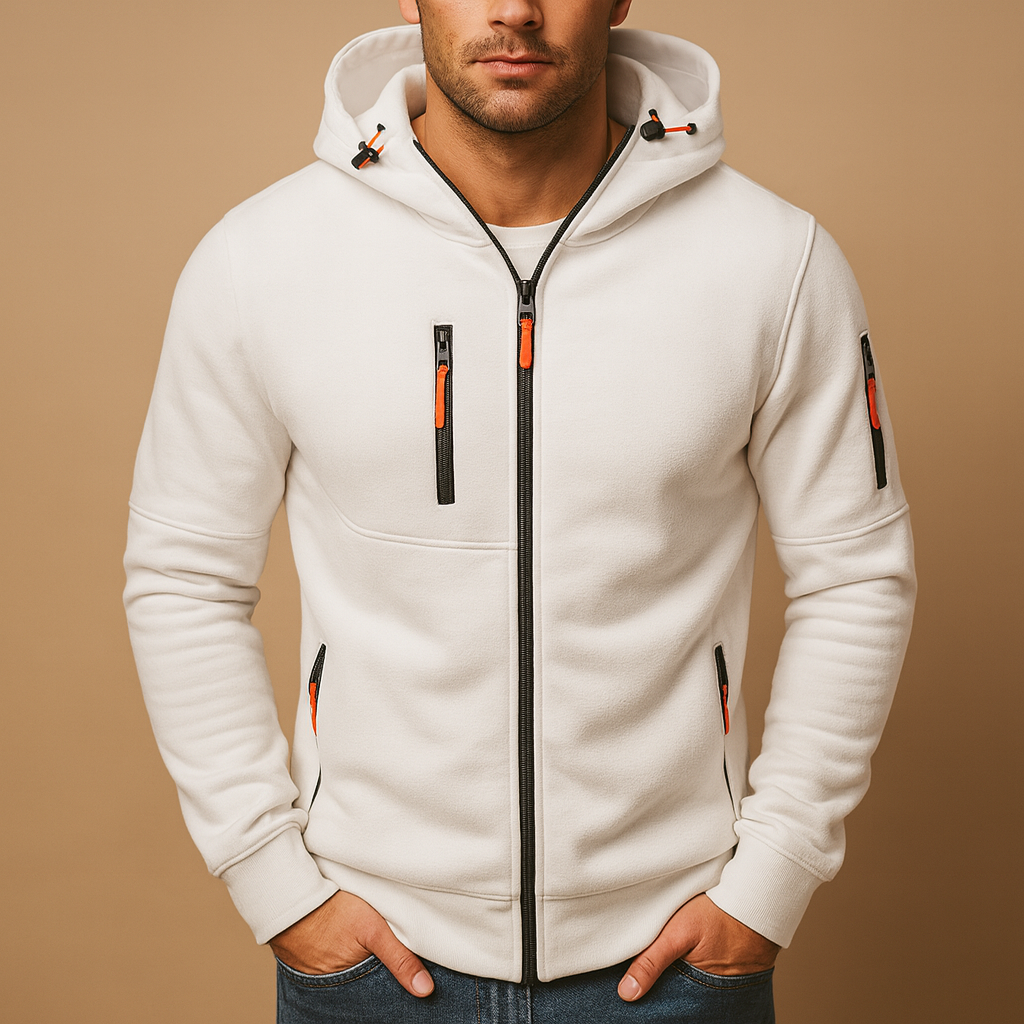 White hoodie with black and orange accents on a beige background