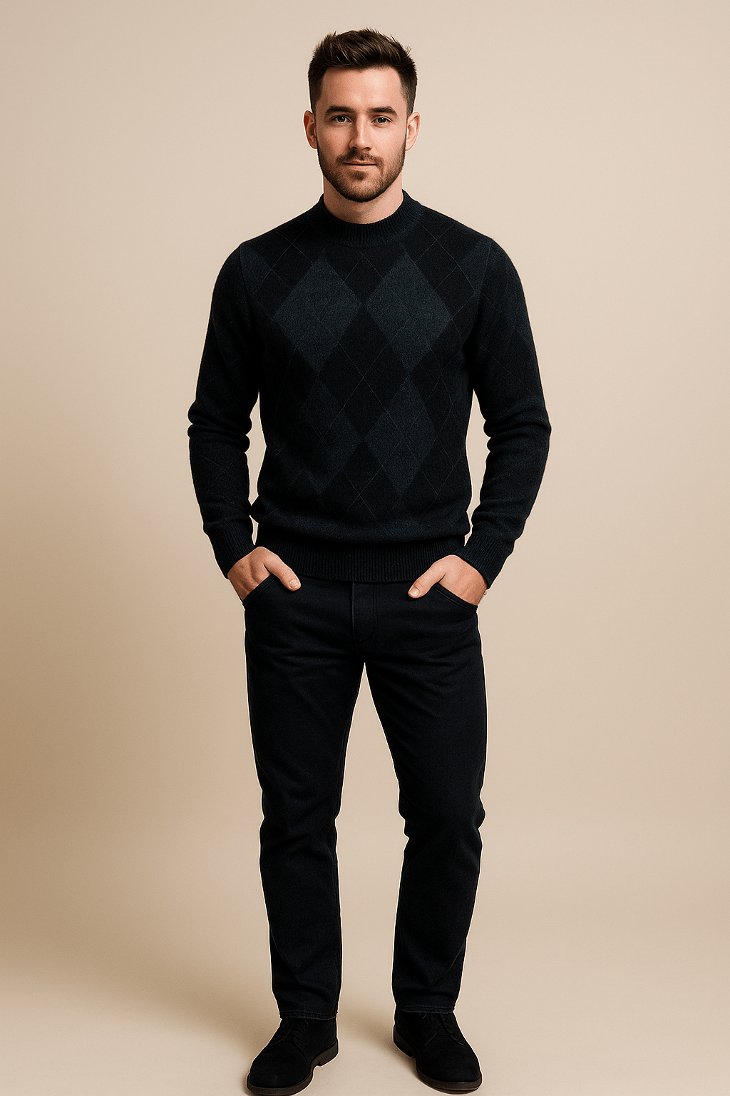 Men's Argyle Crew Neck Sweater - Classic Knitted Diamond Pattern - Casual Everyday Wear for Comfort and Style