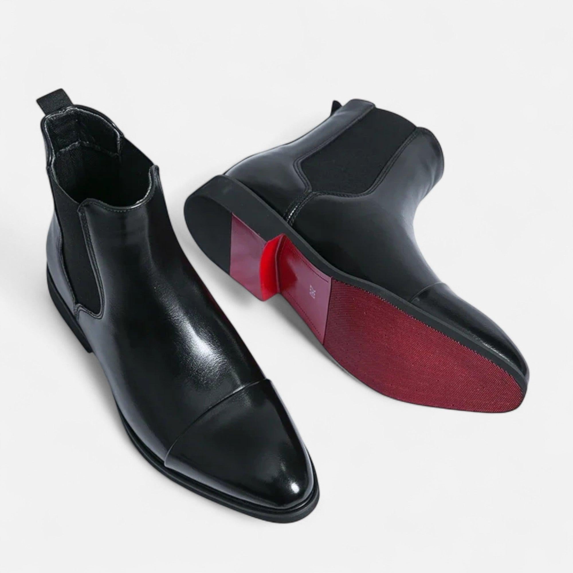 Men's Black Leather Chelsea Boots with Red Sole for Casual and Formal Wear