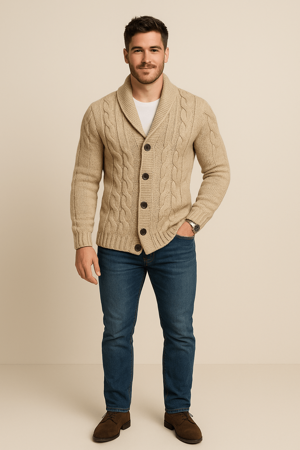 Men's Wool Blend Cable Knit Cardigan with Shawl Collar - Versatile Casual or Formal Knitwear for Every Occasion