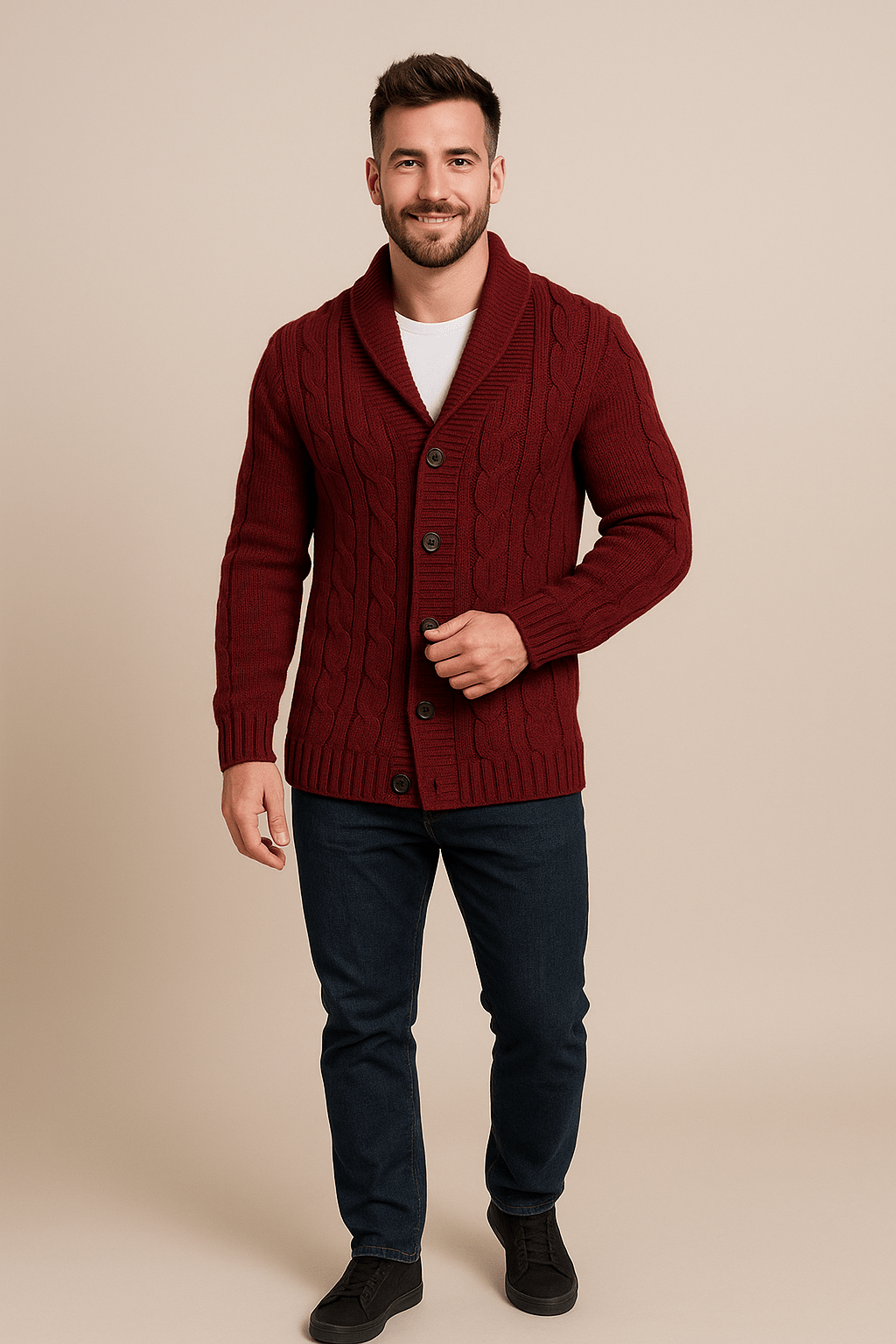Men's Wool Blend Cable Knit Cardigan with Shawl Collar - Versatile Casual or Formal Knitwear for Every Occasion