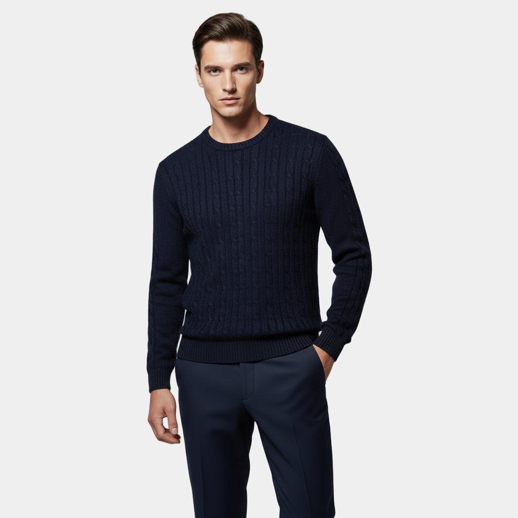 Cable-Knit Cotton Sweater for Men - Classic Crew Neck Jumper for Casual Wear and Layering