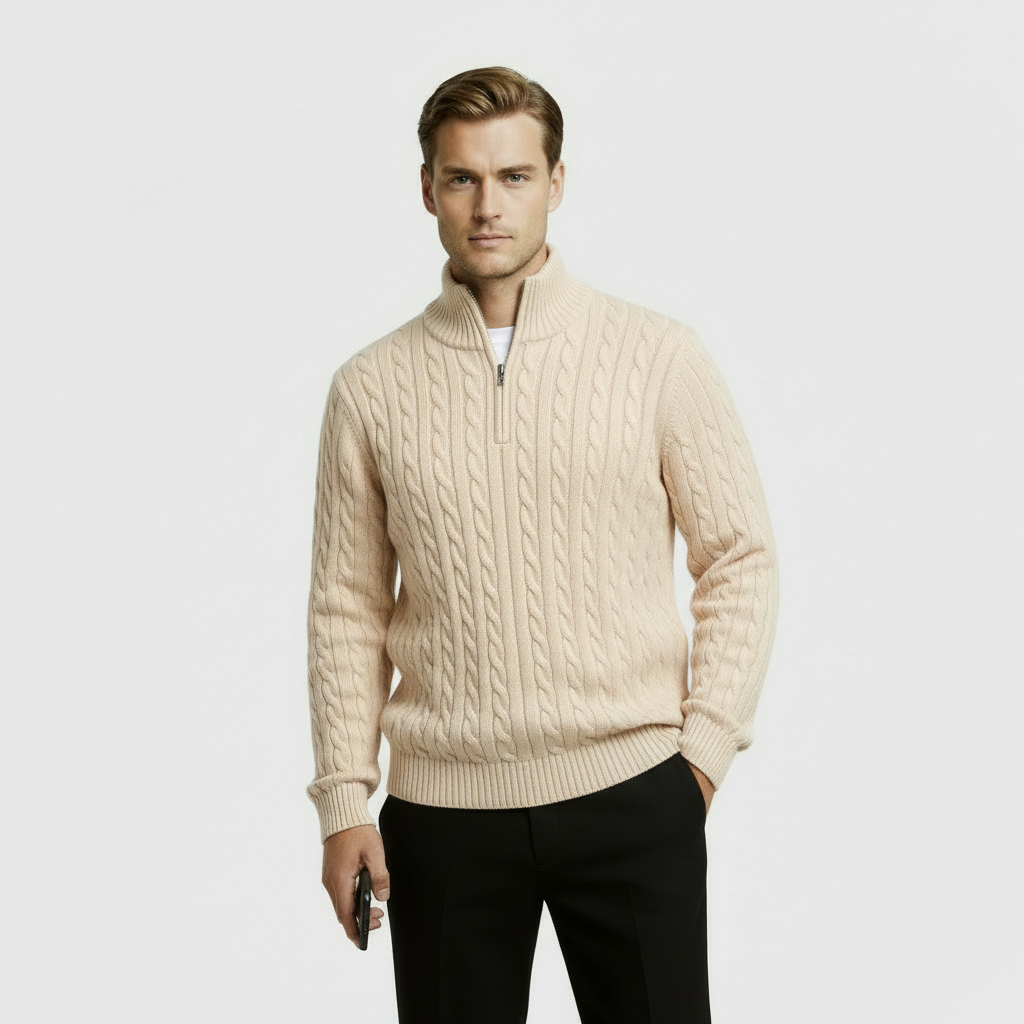 Men's Cable Knit Sweater - Cozy Warm Quarter Zip Jumper for Casual Wear in Various Colors