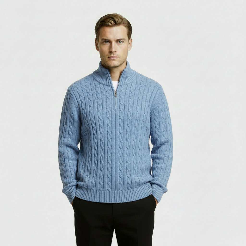 Men's Cable Knit Sweater - Cozy Warm Quarter Zip Jumper for Casual Wear in Various Colors