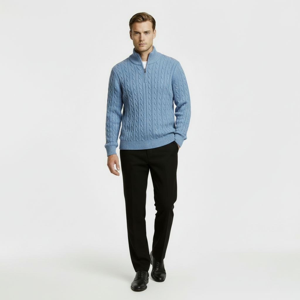 Men's Cable Knit Sweater - Cozy Warm Quarter Zip Jumper for Casual Wear in Various Colors