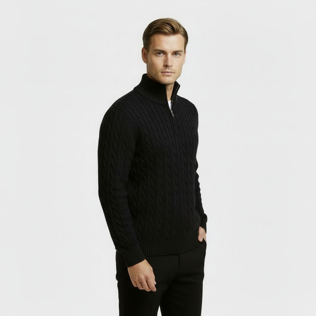 Men's Cable Knit Sweater - Cozy Warm Quarter Zip Jumper for Casual Wear in Various Colors