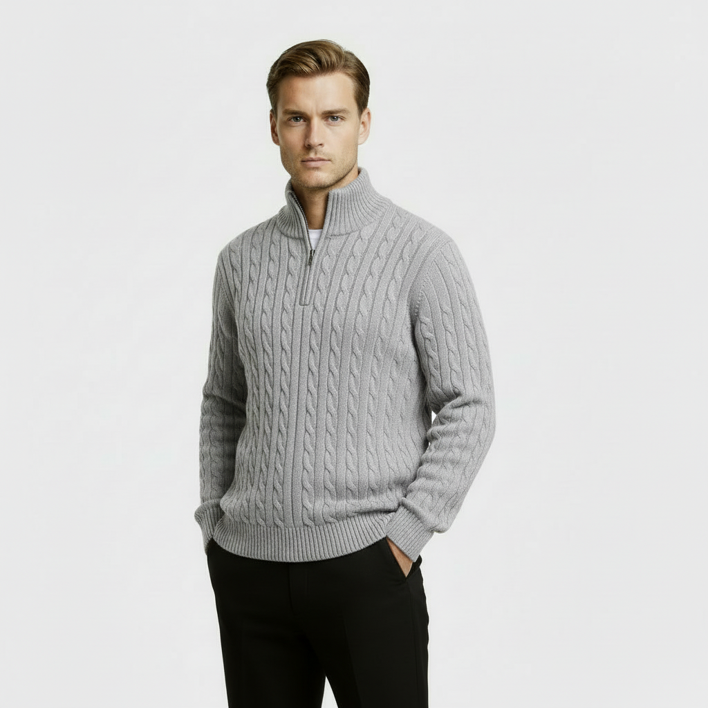 Men's Cable Knit Sweater - Cozy Warm Quarter Zip Jumper for Casual Wear in Various Colors