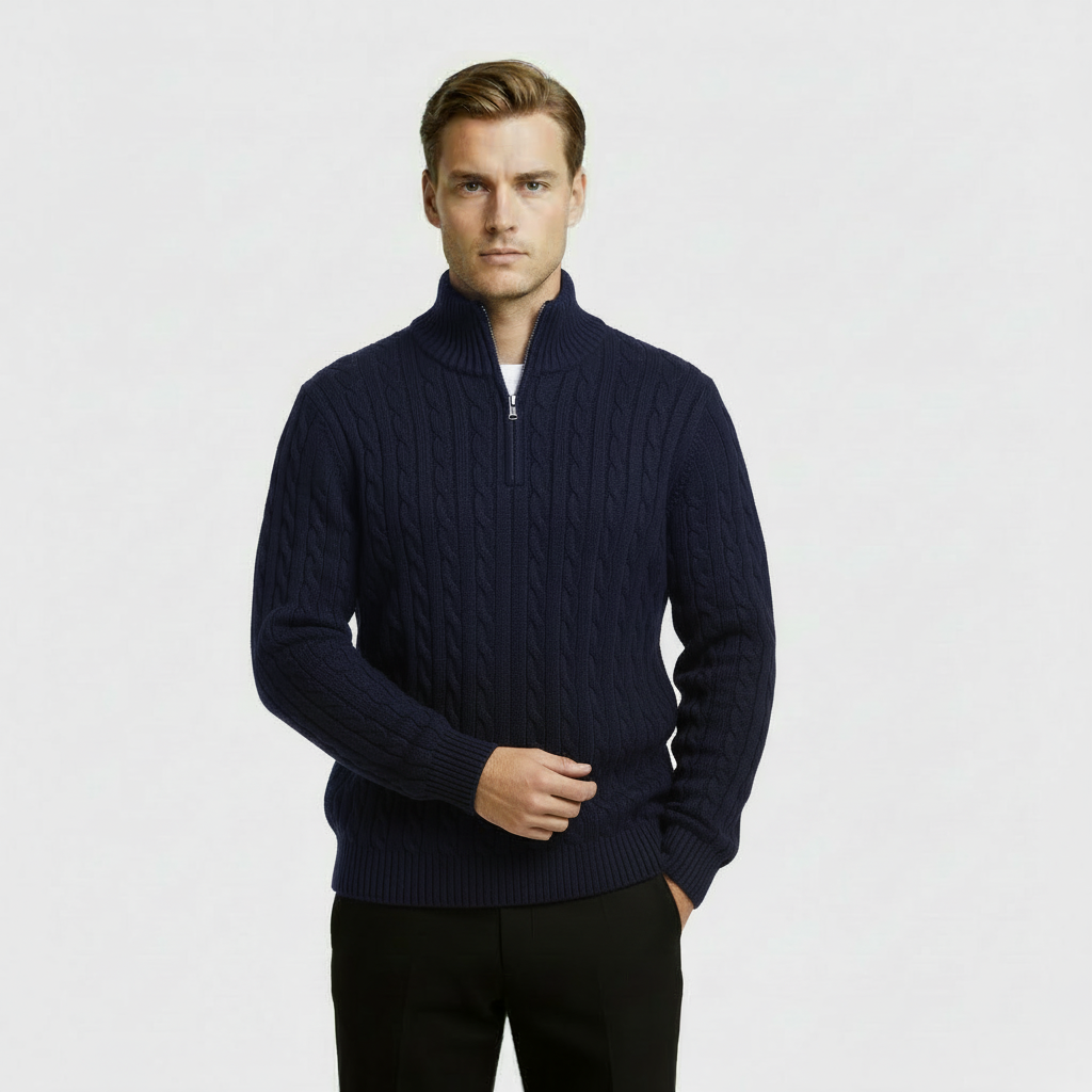 Men's Cable Knit Sweater - Cozy Warm Quarter Zip Jumper for Casual Wear in Various Colors