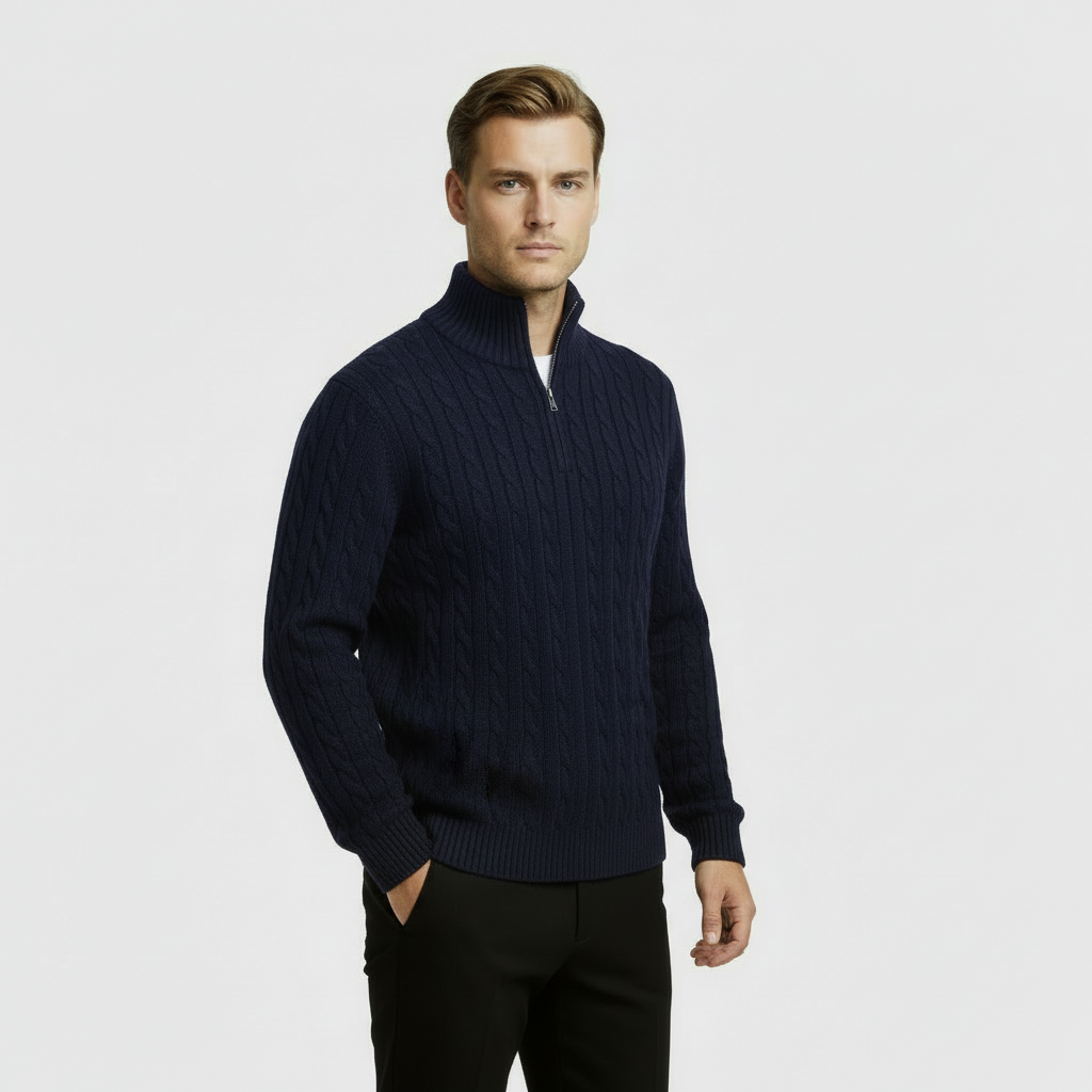 Men's Cable Knit Sweater - Cozy Warm Quarter Zip Jumper for Casual Wear in Various Colors