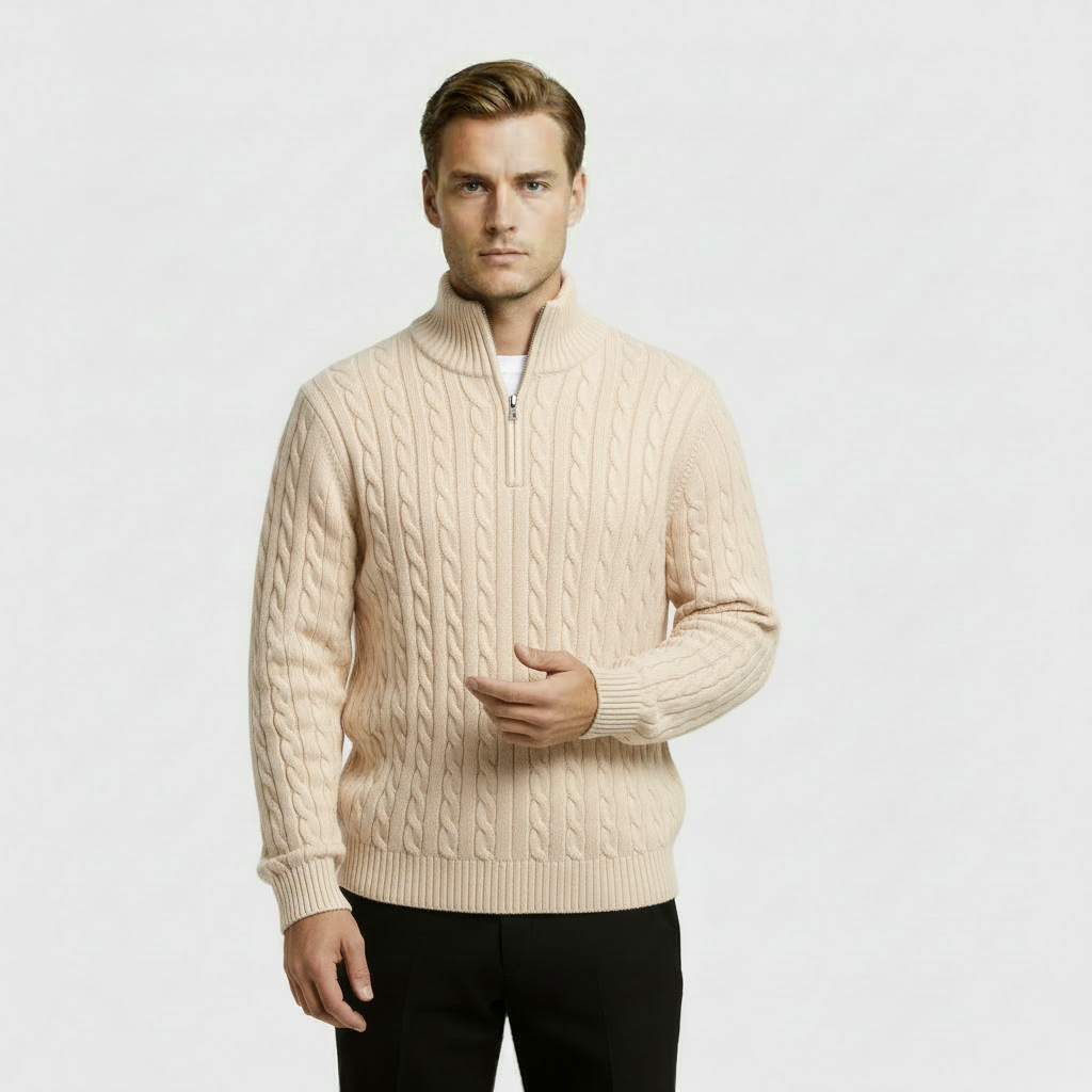 Men's Cable Knit Sweater - Cozy Warm Quarter Zip Jumper for Casual Wear in Various Colors