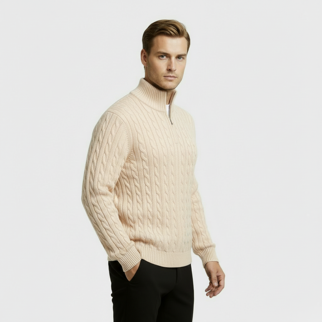 Men's Cable Knit Sweater - Cozy Warm Quarter Zip Jumper for Casual Wear in Various Colors