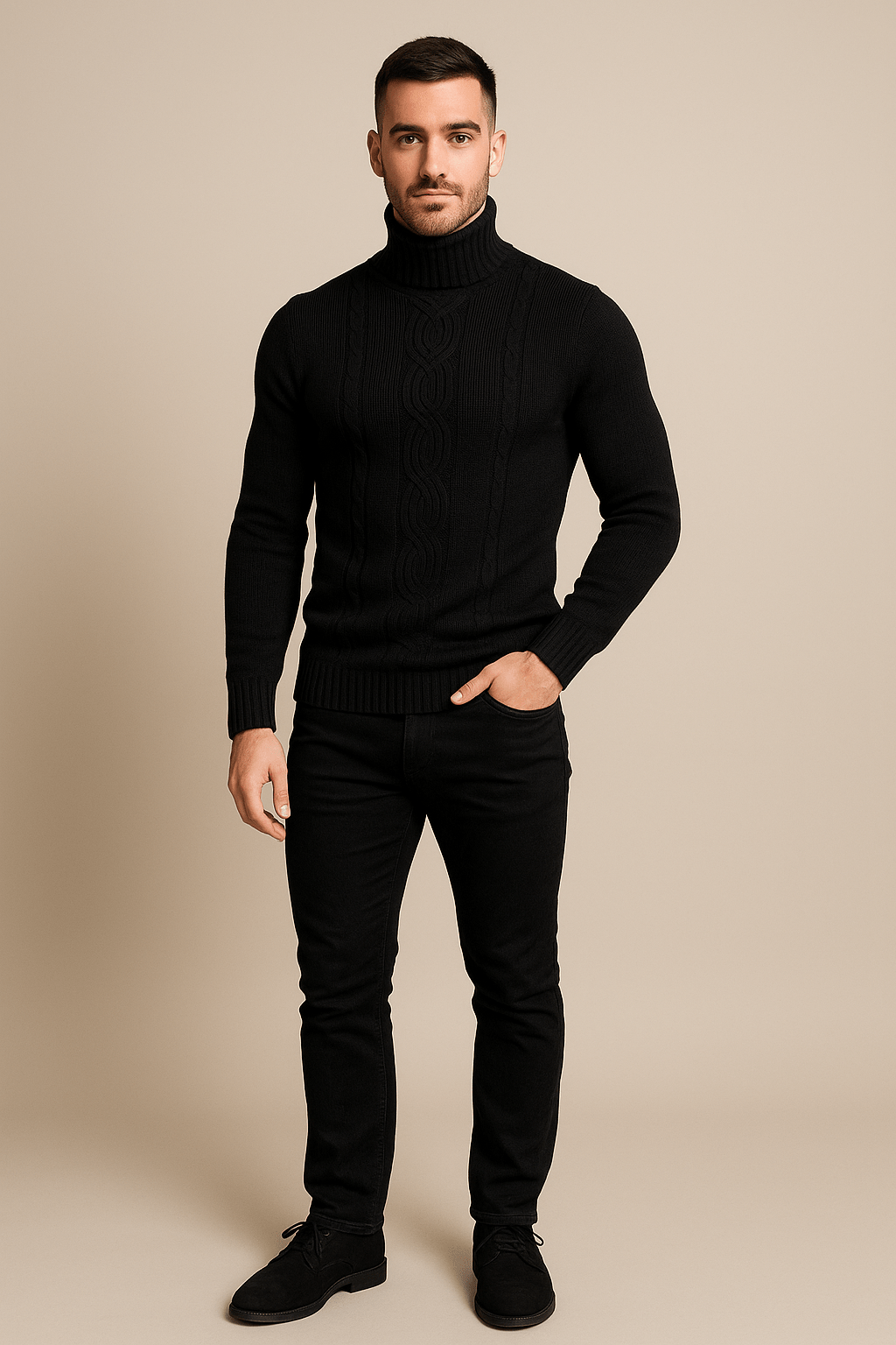 Men's Cable Knit Turtleneck Sweater in Soft Fabric with Ribbed Cuffs for Casual Winter Wear