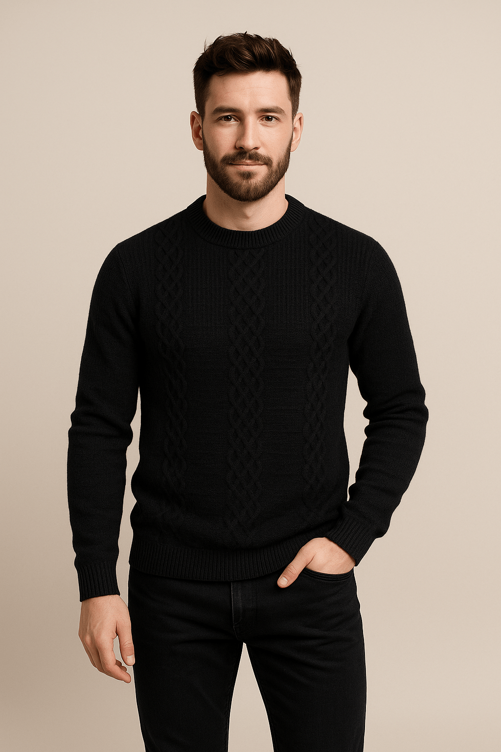 Men's Wool Blend Cable-Knit Crew Neck Sweater - Classic Casual Style for Everyday Wear