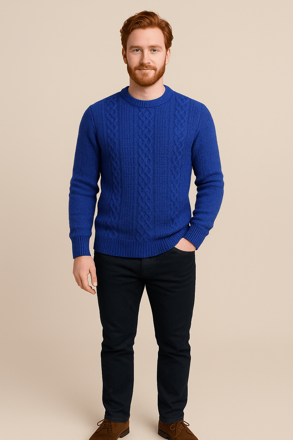 Men's Wool Blend Cable-Knit Crew Neck Sweater - Classic Casual Style for Everyday Wear